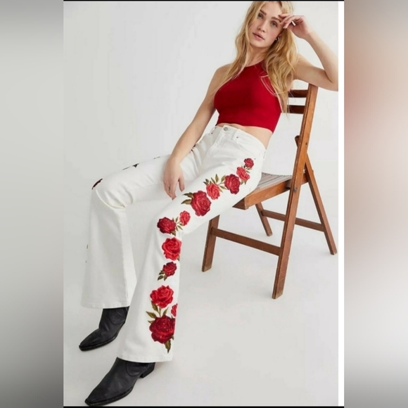 Free People × Driftwood Farrah Embroidered Flare Jeans Size 26 - Picture 2 of 7